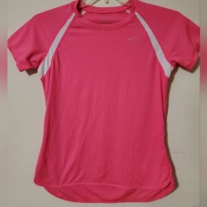 Nike Hot Pink Short Sleeve Athletic Tee with White Panels Curved Hem Mesh